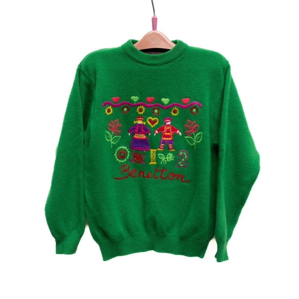 Vtg Benetton Sweater Kids 012 Green Embroidered‎ Folk Motif Wool Girls Colorful